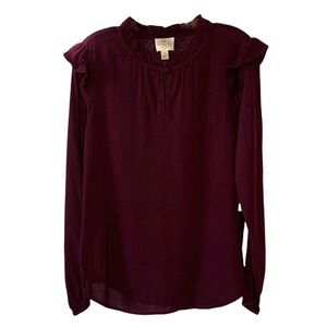 NWT ST. JOHN"S BAY Burgundy Ruffle Shoulder + Neck Long Sleeve Blouse Si…